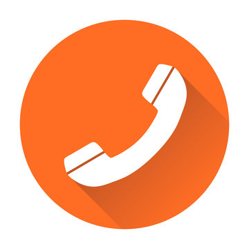 Phone icon vector, contact, support service sign isolated on round orange background with long shadow. Telephone, communication icon in flat style.