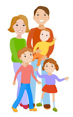 Fototapeta na wymiar Fun cartoon family in colorful stylish clothes. Father, mother and children, all together one family