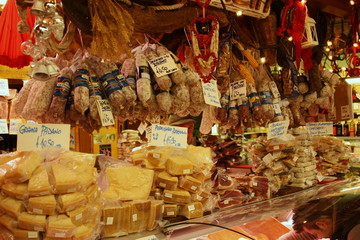 Italy, Florence, travel, Central market, groceries, cheese, sausage, meat