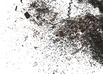 pile scrap metal shavings isolated on white background, texture, top view