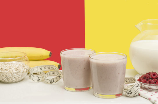 Useful banana smoothie with oatmeal and raspberry berries. Bright and healthy breakfast