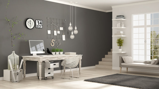 Home workplace, scandinavian white and gray room, corner office, classic minimalist interior design
