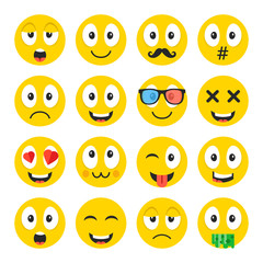Emoji set. Funny cartoon emoticons, cute smiley faces with different face expressions, emotions. Happiness, anger, love, adoration, sadness, etc. Creative vector icons set