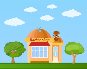 Barber shop front view on nature background, vector illustration