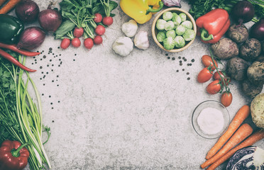 Vegetables on a stone countertop.