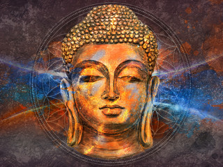 head of Lord Buddha digital art collage combined with watercolor - obrazy, fototapety, plakaty