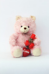 Teddy bears, pink and red roses on a white background.
