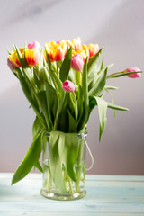 Colorful tulips in glass vase. White background.
