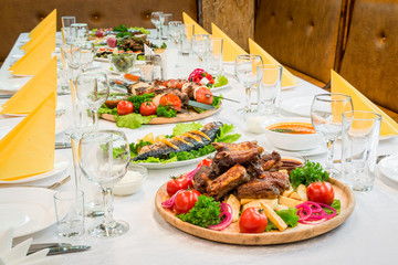 served table with a meal in a restaurant