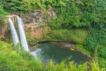 Amazing twin Wailua waterfalls on Kauai island, Hawaii