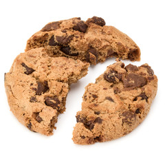 One broken Chocolate chip cookie isolated on white background. Sweet biscuit crumbs. Homemade pastry.