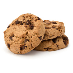 Three Chocolate chip cookies isolated on white background. Sweet biscuits. Homemade pastry.