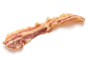 cooked crispy slice of bacon isolated on white background