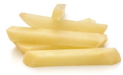 Raw Potato sliced strips prepared for French fries isolated on white background