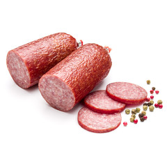 Salami smoked sausage and peppercorns isolated on white background cutout