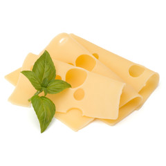 Cheese and basil leaves isolated on white background