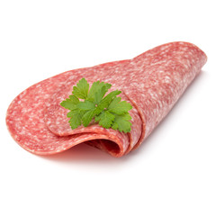 Salami smoked sausage slices isolated on white background