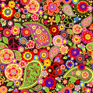 Colorful wallpaper with funny spring flowers, paisley and peace symbol