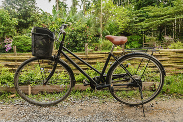 Old bicycle on a dirt road in the garden.