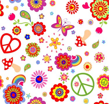 Hippie childish funny wallpaper with abstract flowers, mushrooms, rainbow and peace symbol