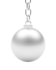 Silver ball hanging on chain isolated on white background. 3D illustration