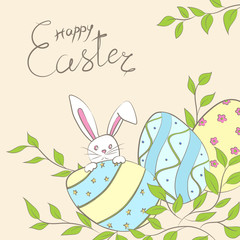 Obraz na płótnie Canvas Easter card with eggs, rabbit, green branch and lettering, hand