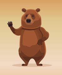 Happy kind friendly bear character welcomes and waving his paw. Vector flat cartoon illustration