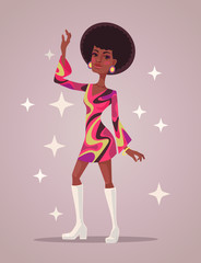 Retro disco woman character dance. Vector flat cartoon illustration