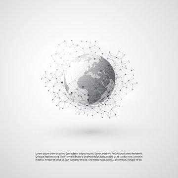 Abstract Cloud Computing and Global Network Connections Concept Design with Transparent Geometric Mesh, Earth Globe - Illustration in Editable Vector Format