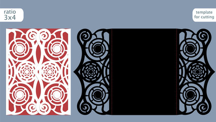 Laser cut wedding invitation card template vector. Die cut paper card with abstract pattern. Cutout paper gate fold card for laser cutting or die cutting template. Vector.