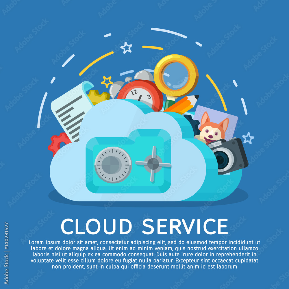 Poster cloud computing services banner in flat style. networking communication and data icons. data provisi