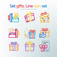 Template for the holiday, sales and discounts. Simple set of gifts vector colored Line Icons. Gift in a box, gift certificate, box with a bow, hand gestures. Vector illustration