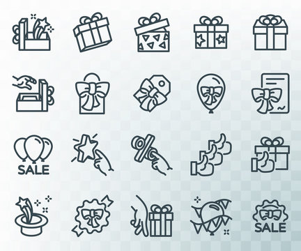 Simple set of gifts related vector Line Icons. Gift in a box, gift certificate, balloons, box with a bow, hand gestures. Template for the holiday, sales and discounts. Vector illustration