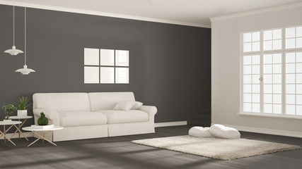 Minimalist simple clear living, white and gray, scandinavian classic interior design