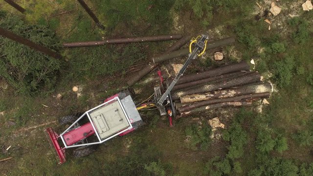 AERIAL DISTANCING Flying above logging truck lifting pile of delimbed cut tree trunks on the stacked tractor on forest clearing. Forwarder loading harvest for the transportation from stumps to sawmill