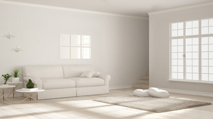 Fototapeta na wymiar Minimalist simple clear living, monochrome white, scandinavian classic interior design