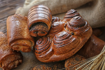 Bakery products on sackcloth, closeup