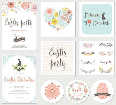 Vector Happy Easter templates with eggs, flowers, floral heart and wreath, ornate frame, rabbit and typographic design. Good for spring and Easter greeting cards and invitations.