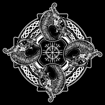 Celtic cross tattoo art and t-shirt design. Helm of Awe, aegishjalmur, celtic trinity knot, tattoo. Dragons, symbol of the Viking. Nordic celtic cross ethnic style graphics
