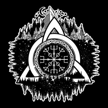 Celtic trinity knot, Helm of Awe, aegishjalmur, tattoo. Scandinavian symbols of Vikings, travelers, mascot. Celtic tattoo boho style, t-shirt design