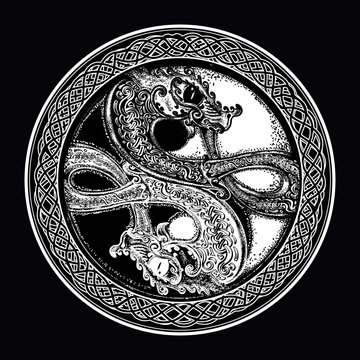 Two Dragons in the Celtic style, tattoo. Black and white dragon in Yin yang  t-shirt design. Meditation, philosophy, harmony symbol.