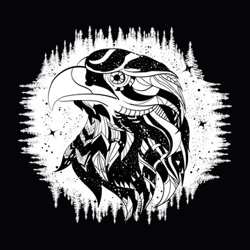 Eagle tattoo art, falcon in night forest, symbol travel and tourism. Ethnic hawk, t-shirt design, tribal style.