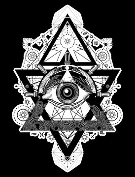 All seeing eye tattoo art vector. Freemason and spiritual symbols. Alchemy, medieval religion, occultism, spirituality and esoteric tattoo. Magic eye, compass and steering wheel t-shirt design