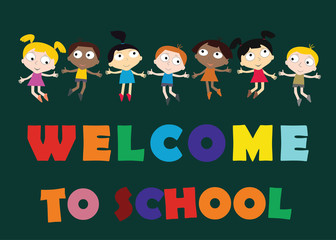 Welcome Back to school concept with childrens, chalkboard and Colorful worlds Vector.
