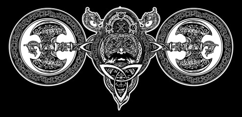 Viking tattoo, Celtic style. North warrior head t-shirt design