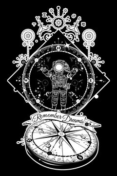 Astronaut in deep space tattoo. Travel in boundless universe. Mysticism, spirituality, astrology tattoo art. Magical symbols traveler, dreamer, adventure, meditation. Surrealist travel compass tattoo