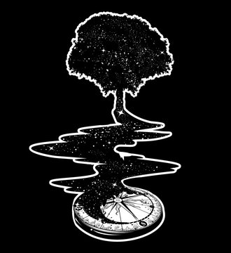 Magical tree tattoo art, river of stars, psychology symbol, tourism, travel. Surrealist concept of life and immortality. Star Compass. T-shirt design