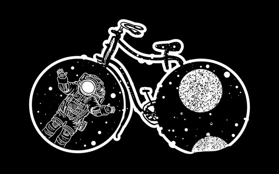 Bicycle tattoo art. Travel, adventure, outdoors, meditation, tattoo bicycle symbol. Astronaut in deep space tattoo. Bicycle wheels in which the universe tattoo