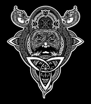 Viking warrior tattoo. Northern warrior, t-shirt design.  Celtic emblem of Odin. Northern dragons, viking helmet, ethnic style