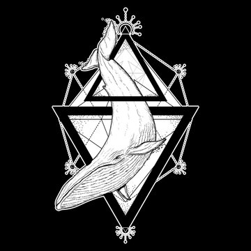 Whale tattoo geometric style. Mystical symbol of adventure, dreams. Creative geometric whale tattoo art t-shirt print design. Travel, adventure, outdoors symbol
